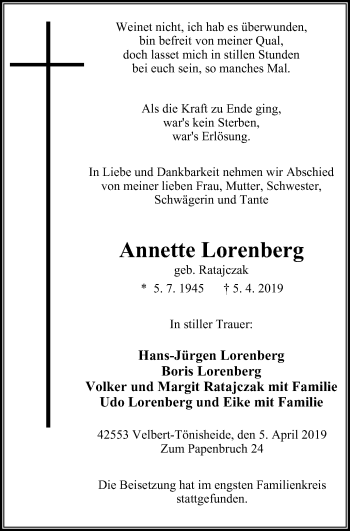 Traueranzeige von Annette Lorenberg von Stadtanzeiger Velbert + Heiligenhaus