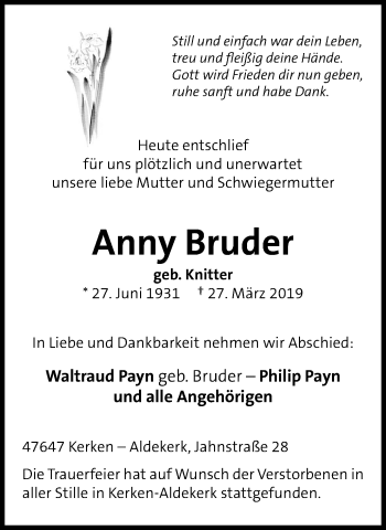 Traueranzeige von Anny Bruder von Stadtanzeiger Hagen + Herdecke/Wetter/Vorhalle