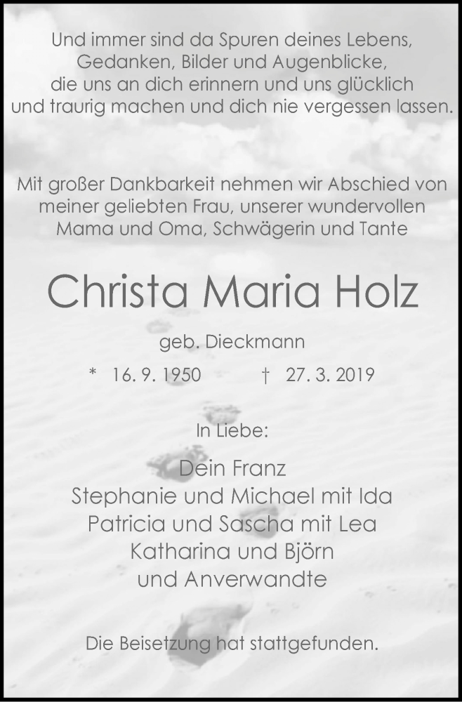  Traueranzeige für Christa Maria Holz vom 06.04.2019 aus Stadtspiegel Bottrop