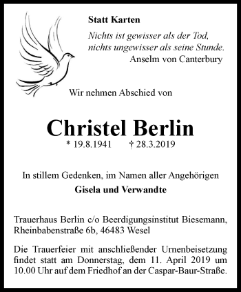 Traueranzeige von Christel Berlin von Der Weseler + Der Xantener