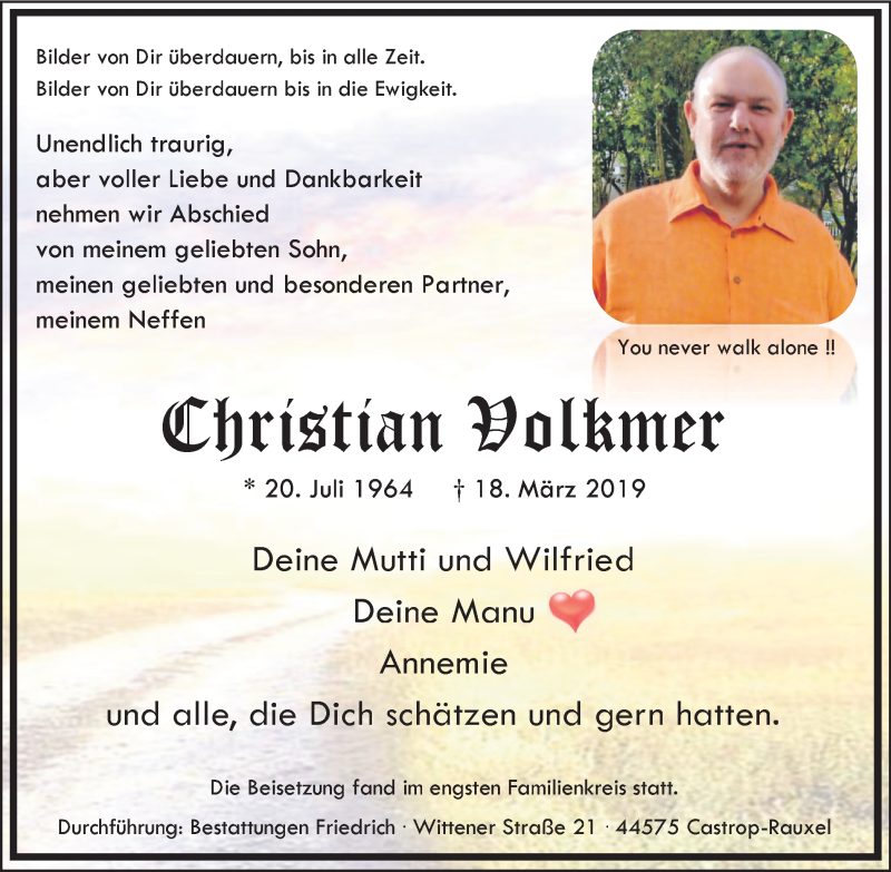  Traueranzeige für Christian Volkmer vom 13.04.2019 aus Stadtanz.Castrop-Rauxel