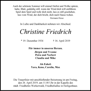 Traueranzeige von Christine Friedrich von Stadtanzeiger Velbert + Heiligenhaus