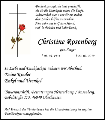 Traueranzeige von Christine Rosenberg von Wochen-Anzeiger Oberhausen