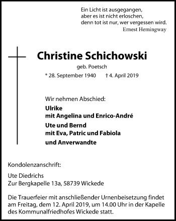 Traueranzeige von Christine Schichowski von Stadtspiegel Menden + Froendenberg