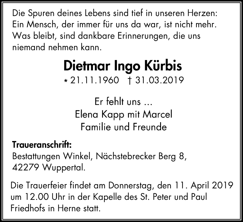  Traueranzeige für Dietmar Ingo Kürbis vom 10.04.2019 aus Wochenblatt Herne/Wanne-Eickel