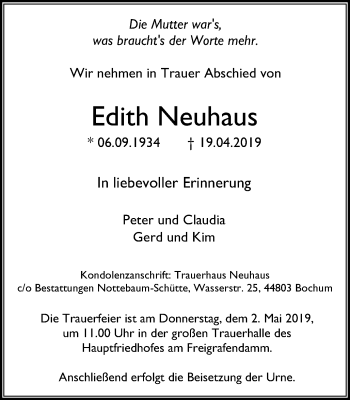 Traueranzeige von Edith Neuhaus von Stadtspiegel Bochum