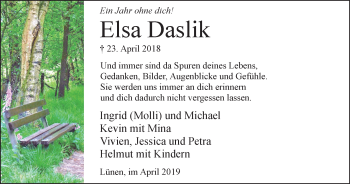 Traueranzeige von Elsa Daslik von Lüner Anzeiger