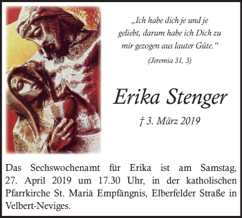 Traueranzeige von Erika Stenger von Stadtanzeiger Velbert + Heiligenhaus