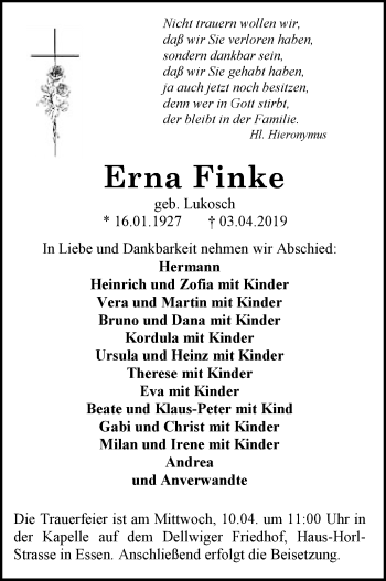 Traueranzeige von Erna Finke von Stadtspiegel Bottrop