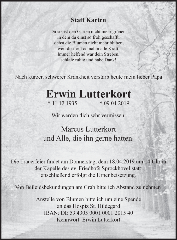  Traueranzeige für Erwin Lutterkort vom 13.04.2019 aus Stadtspiegel Hattingen/Niedersprockhövel