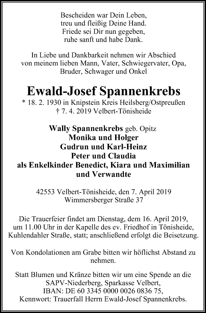  Traueranzeige für Ewald-Josef Spannenkrebs vom 10.04.2019 aus Stadtanzeiger Velbert + Heiligenhaus