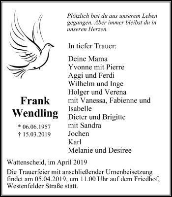 Traueranzeige von Frank Wendling von Stadtspiegel Wattenscheid