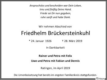 Traueranzeige von Friedhelm Brückersteinkuhl von WVW Anzeigenblätter