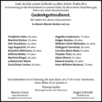 Traueranzeige von Gedenkgottesdienst  von Stadtspiegel Essen