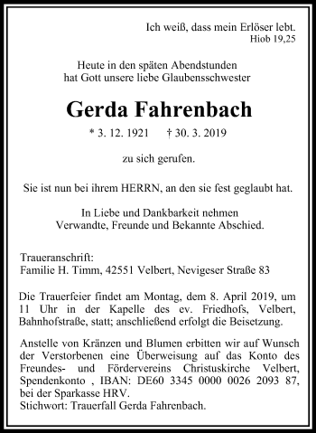 Traueranzeige von Gerda Fahrenbach von Stadtanzeiger Velbert + Heiligenhaus