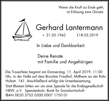 Traueranzeigen von Gerhard Lantermann TrauerinNRW.de