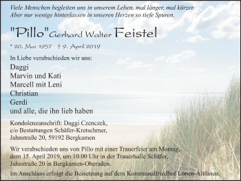 Traueranzeige von Gerhard Walter Feistel von Lüner Anzeiger