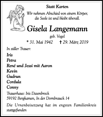 Traueranzeige von Gisela Langemann von Stadtspiegel Kamen + Unna