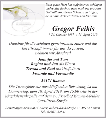 Traueranzeige von Gregor Feikis von Stadtspiegel Kamen + Unna