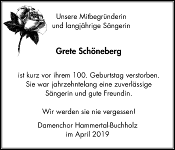 Traueranzeige von Grete Schöneberg von Stadtspiegel Hattingen/Niedersprockhövel