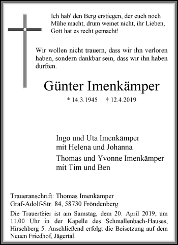 Traueranzeige von Günter Imenkämper von Stadtspiegel Menden + Froendenberg
