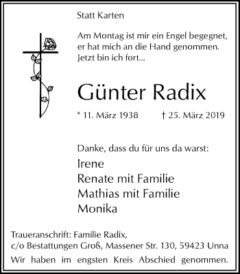 Traueranzeige von Günter Radix von Stadtspiegel Kamen + Unna