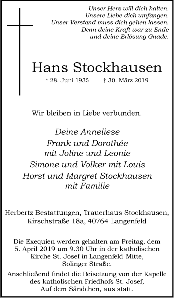 Traueranzeige von Hans Stockhausen von Wochen-Anzeiger Langenfeld/Monheim/Hilden