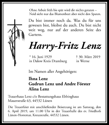 Traueranzeige von Harry-Fritz Lenz von Lüner Anzeiger