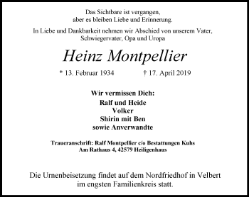 Traueranzeige von Heinz Montpellier von Stadtanzeiger Velbert + Heiligenhaus