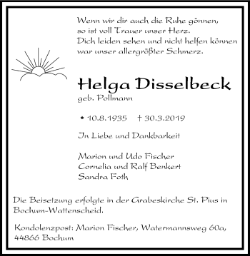 Traueranzeige von Helga Disselbeck von Stadtspiegel Bochum + Wattenscheid