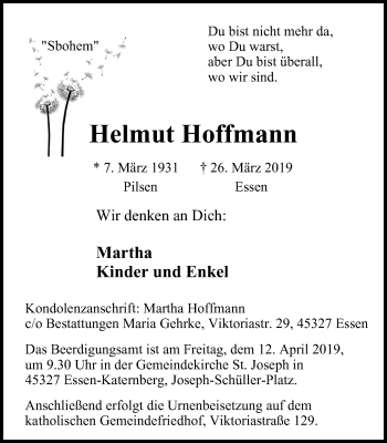Traueranzeige von Helmut Hoffmann von Nord Anzeiger Essen