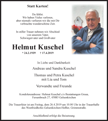 Traueranzeige von Helmut Kuschel von Stadtspiegel Gelsenkirchen