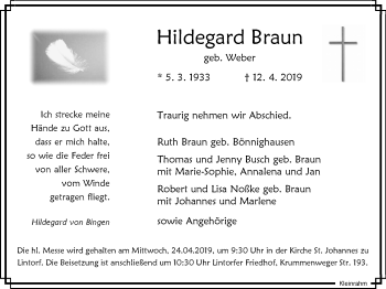 Traueranzeige von Hildegard Braun von WVW Anzeigenblätter
