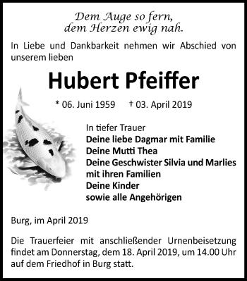 Traueranzeige von Hubert Pfeiffer von Klever Wochenblatt
