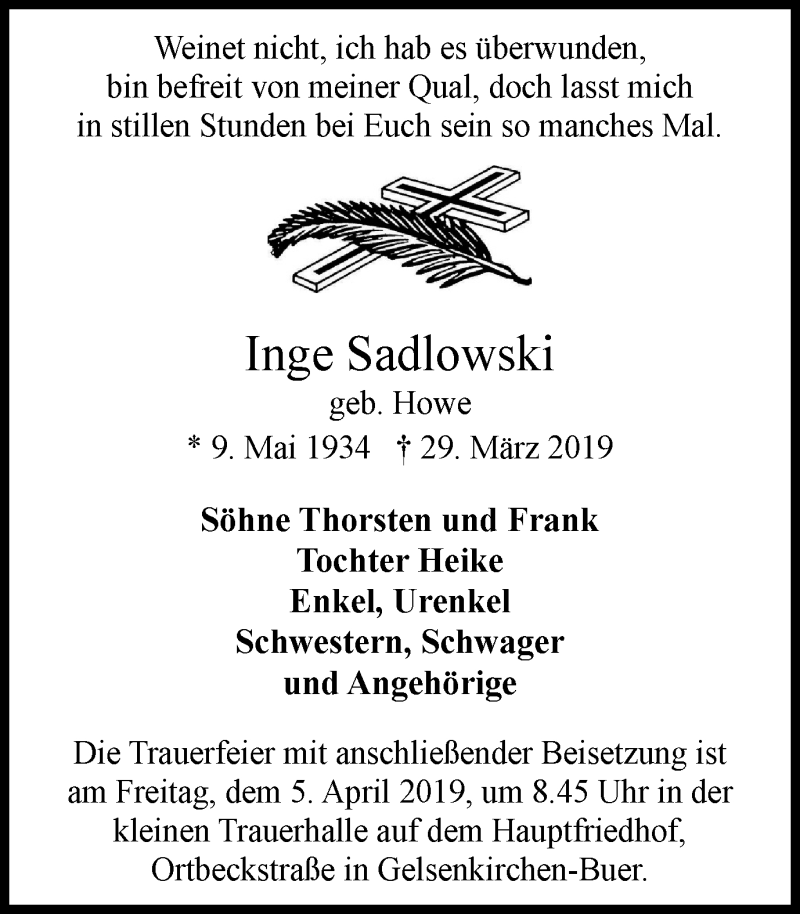  Traueranzeige für Inge Sadlowski vom 03.04.2019 aus Stadtspiegel Gelsenkirchen