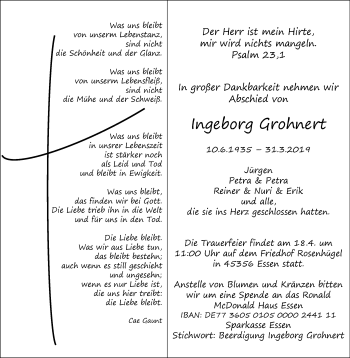 Traueranzeige von Ingeborg Grohnert von Nord Anzeiger Essen
