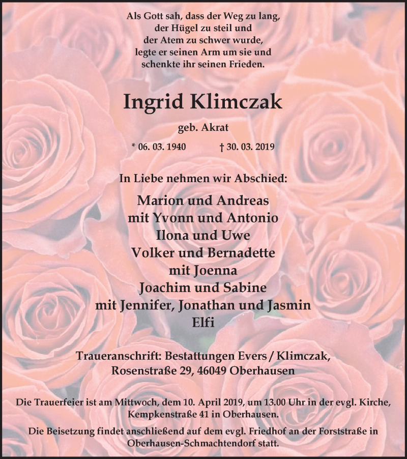  Traueranzeige für Ingrid Klimczak vom 06.04.2019 aus Wochen-Anzeiger Oberhausen