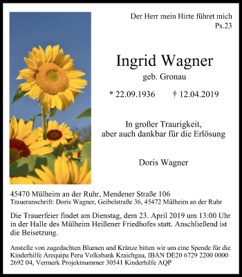 Traueranzeige von Ingrid Wagner von Mülheimer Woche