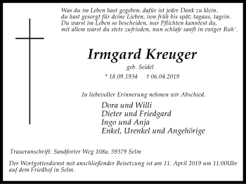 Traueranzeige von Irmgard Kreuger von Lüner Anzeiger