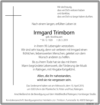 Traueranzeige von Irmgard Trimborn von WVW Anzeigenblätter