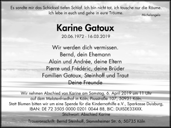 Traueranzeige von Karine Gatoux von Stadtspiegel Iserlohn + Hemer