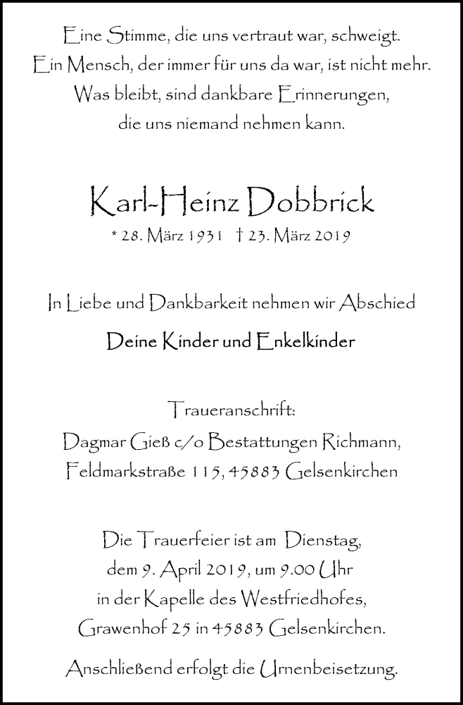 Traueranzeigen von KarlHeinz Dobbrick TrauerinNRW.de