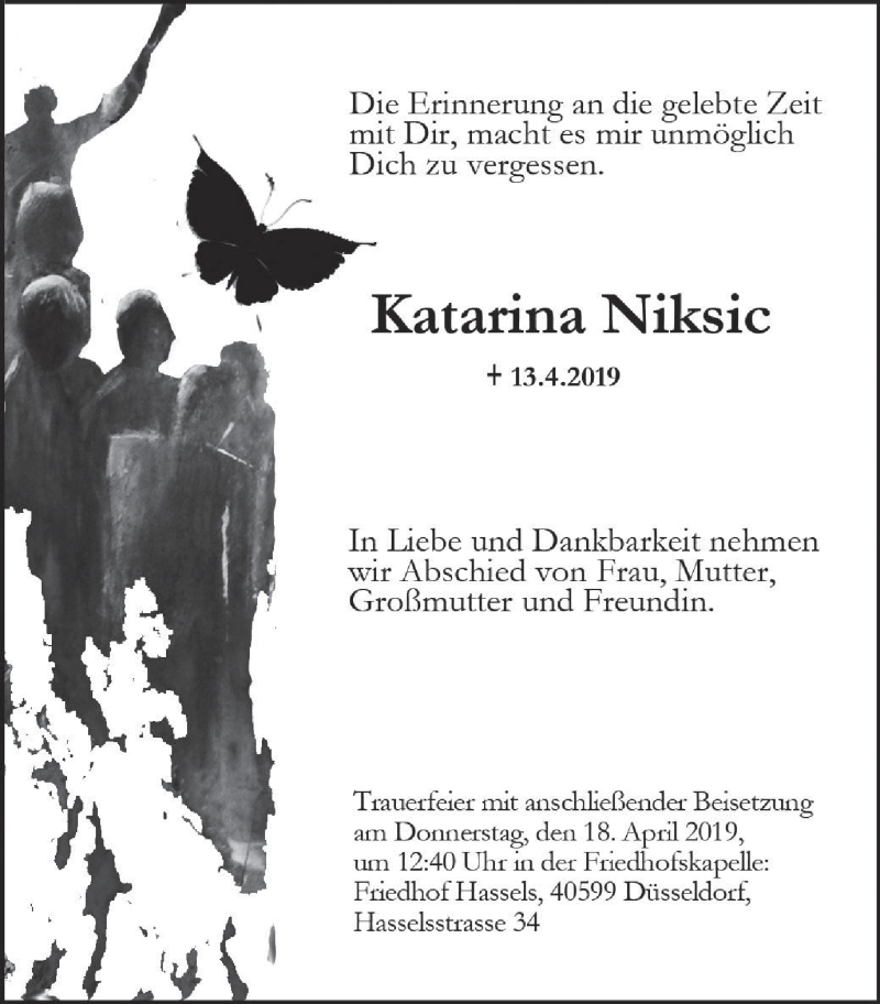  Traueranzeige für Katarina Niksic vom 17.04.2019 aus Mülheimer Woche