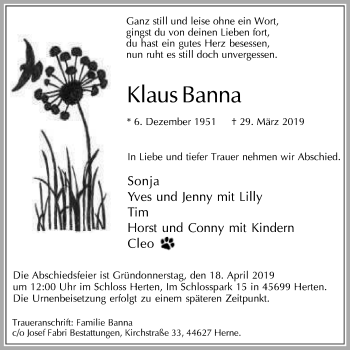 Traueranzeige von Klaus Banna von Wochenblatt Herne/Wanne-Eickel