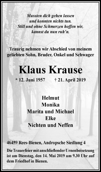 Traueranzeige von Klaus Krause von Stadtanzeiger Emmerich/Rees/Isselburg