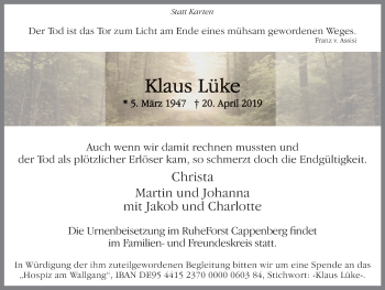 Traueranzeige von Klaus Lüke von Lüner Anzeiger
