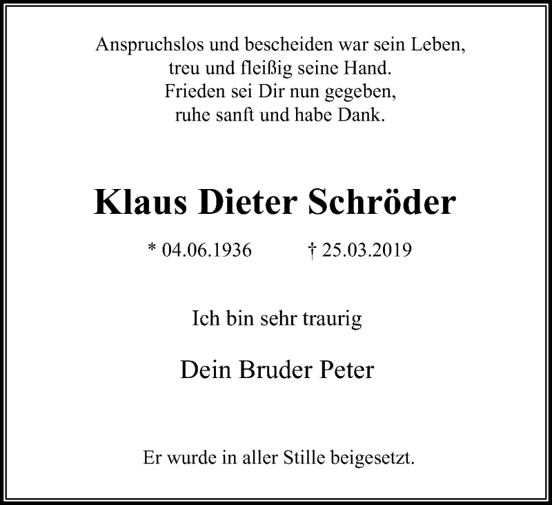  Traueranzeige für Klaus Dieter Schröder vom 03.04.2019 aus Stadtspiegel Bochum