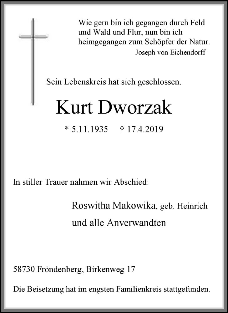  Traueranzeige für Kurt Dworzak vom 24.04.2019 aus Stadtspiegel Menden + Froendenberg