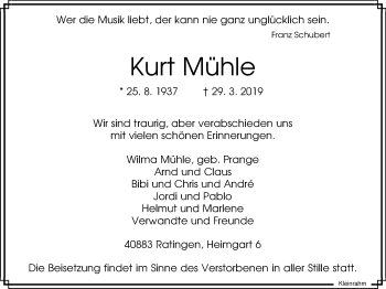 Traueranzeige von Kurt Mühle von WVW Anzeigenblätter