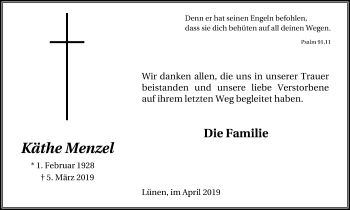 Traueranzeige von Käthe Menzel von Lüner Anzeiger
